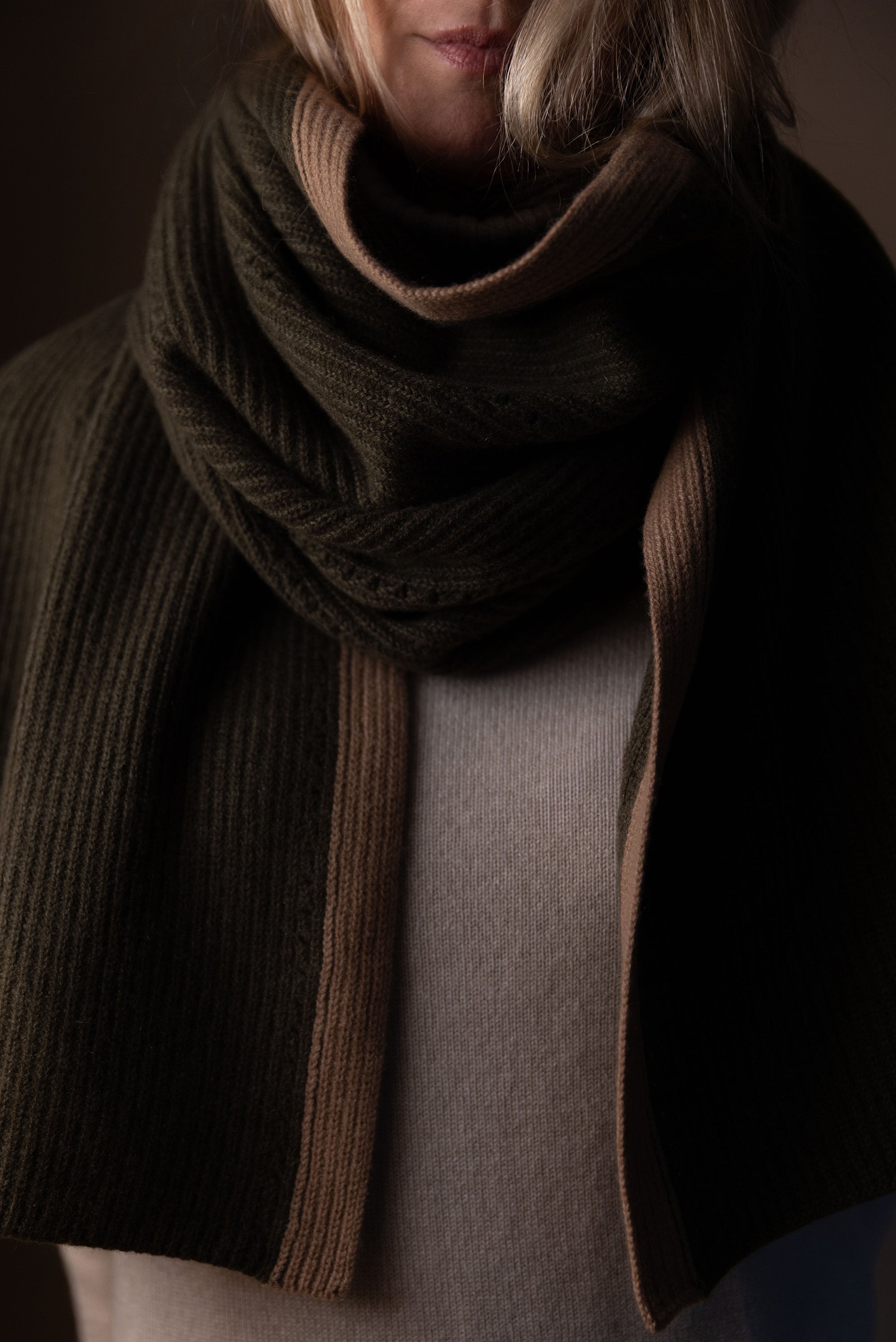 Hera Cashmere large scarf - Olive/Camel