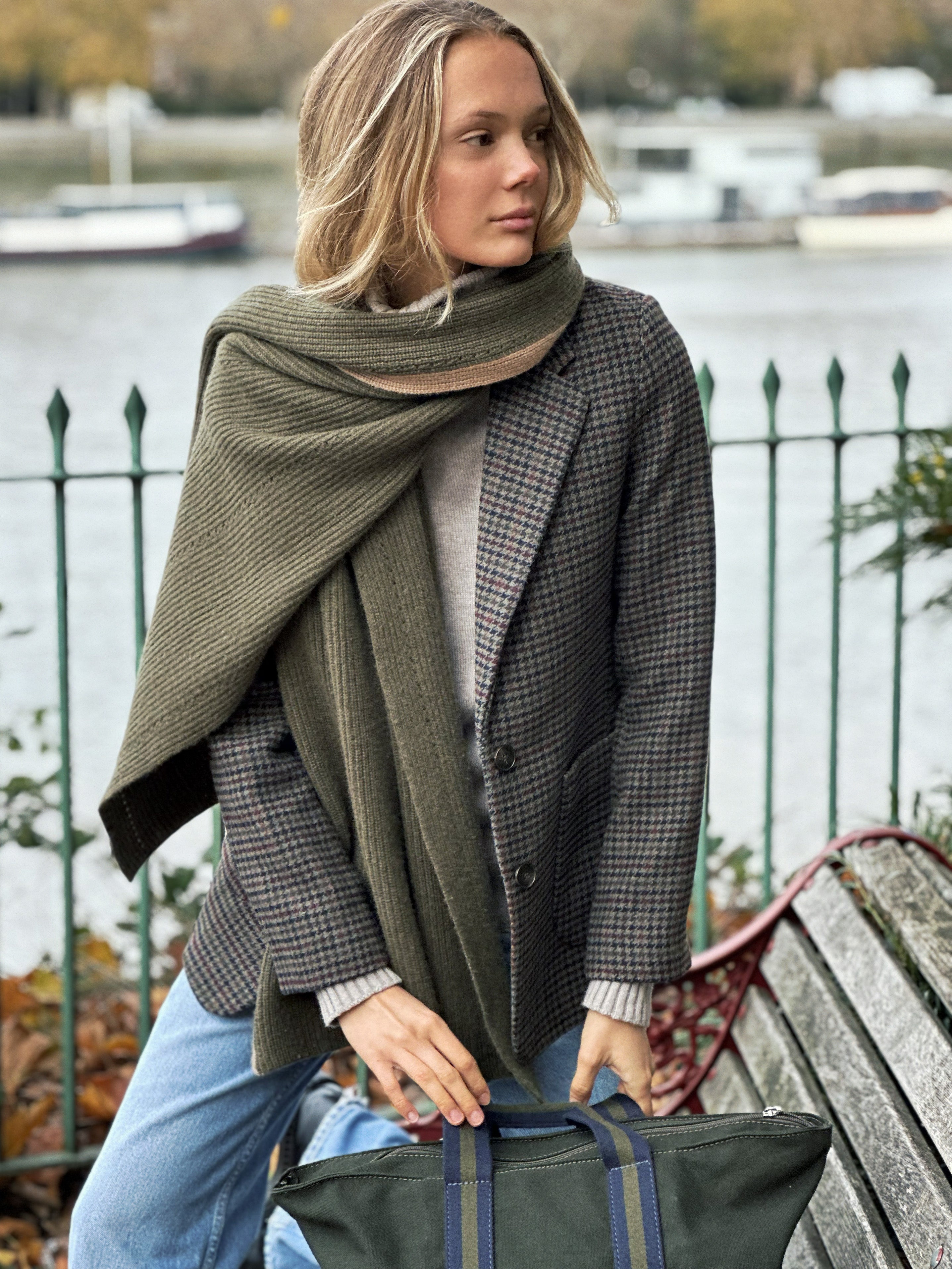 100% Cashmere unisex luxury knitted large scarf shawl stole Olive